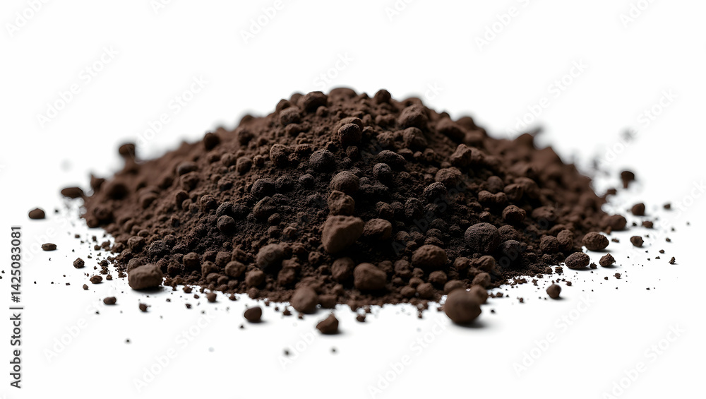 Detailed studio shot showcasing dark garden soil meticulously scattered on a pristine surface, ideal for illustrating agricultural concepts and material textures Detailed studio shot showcasing dark garden soil meticulously scattered on a pristine surface, ideal for illustrating agricultural concepts and material textures