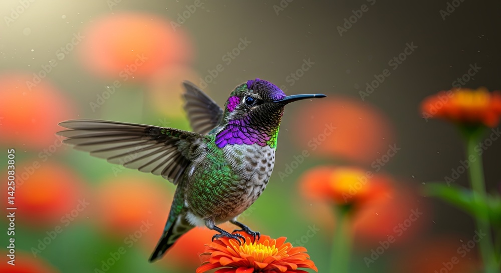 A hummingbird is perched on a flower