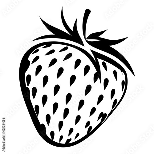 Black and white strawberry illustration with leaves and seeds design