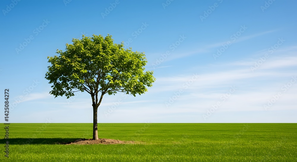 Obraz premium Lone Tree in a Green Field Under Blue Sky