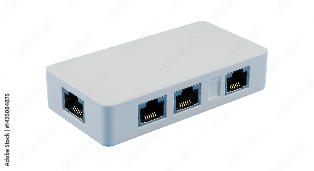 A white network splitter with three rj forty five ports displayed against a dark background clearly visible A white network splitter with three rj forty five ports displayed against a dark background clearly visible