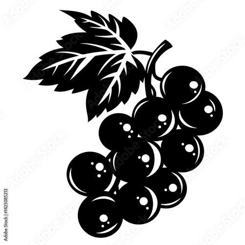 Black and White Vector Illustration of a Bunch of Grapes with Leaves