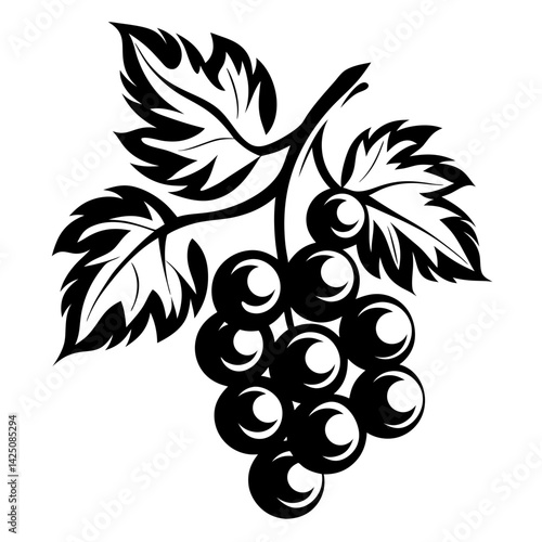 Monochromatic stylized vector image of grapes with leaves and swirling design