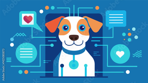 An app that uses artificial intelligence to recognize and interpret a pets facial expressions and body language in photos and videos for a more. Vector illustration