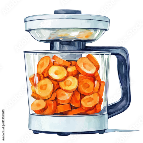 Food processor with sliced carrots, watercolor illustration, isolated on a white background.

