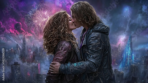 Couple kissing amidst futuristic city fireworks, romantic fantasy artwork, ideal for romance or sci-fi movie posters