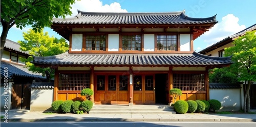 Traditional machiya house with wooden lattice windows on serene street, street, architecture, wooden