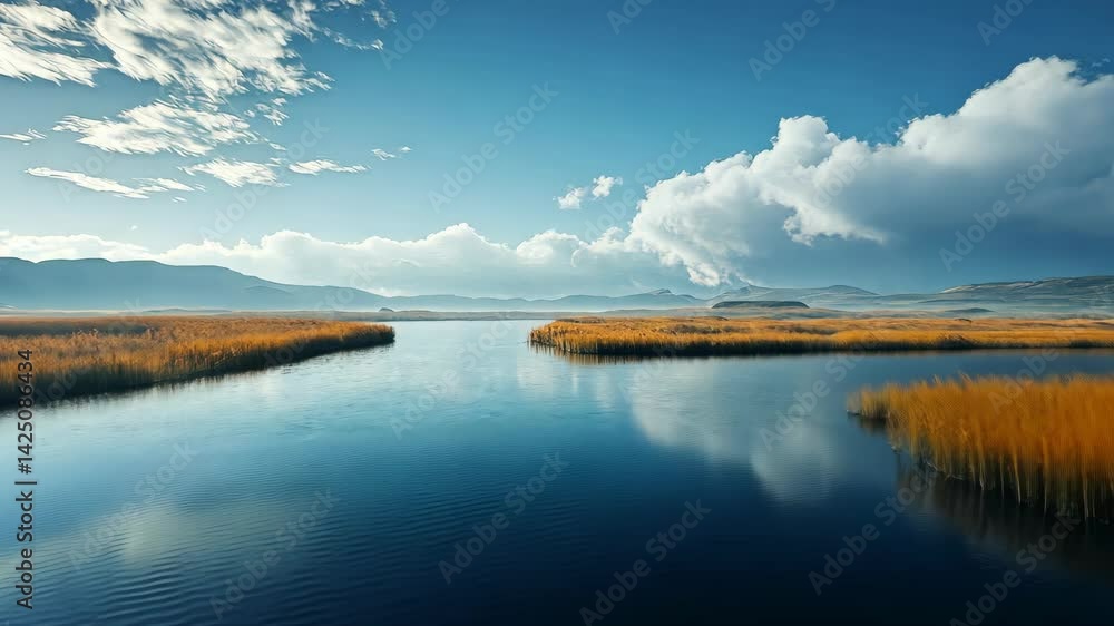 River flows through reeds against mountainous landscape with partly cloudy sky River flows through reeds against mountainous landscape with partly cloudy sky