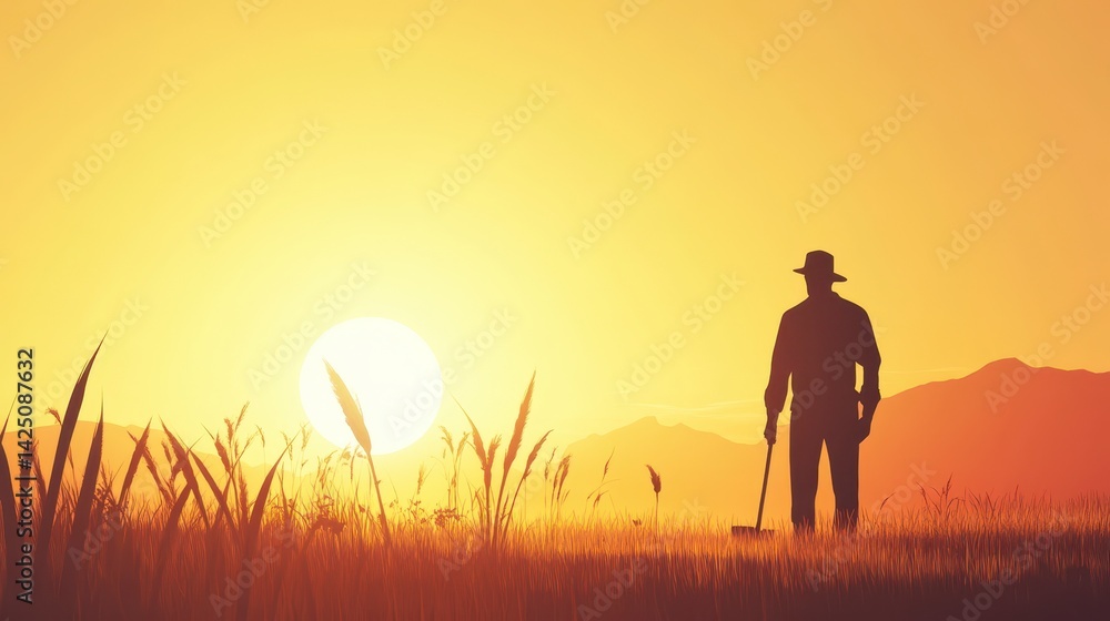 Fototapeta premium Silhouette of a Farmer at Sunset in the Countryside, may day illustration, may day