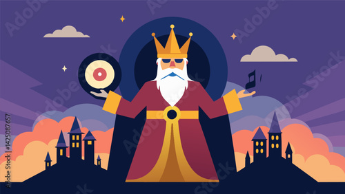 A kingdom ruled by a powerful sorcerer his magic conjured from the songs and lyrics etched onto the surface of his collection of vinyl records. Vector illustration