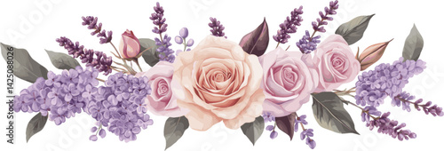 Floral arrangement of roses, lilacs and lavender flowers. Vector design illustration for Decoration