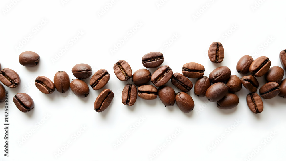 Elegant arrangement of roasted coffee beans scattered on a clean white surface, perfect for showcasing the richness and aroma of coffee in a minimalist style photography Elegant arrangement of roasted coffee beans scattered on a clean white surface, perfect for showcasing the richness and aroma of coffee in a minimalist style photography