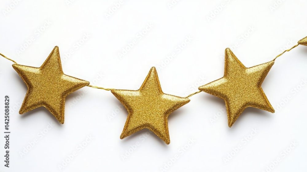Gold Glitter Star Garland on White Background Gold Glitter Star Garland on White Background