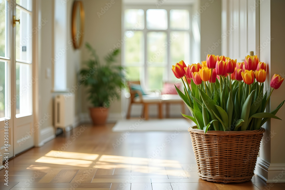 Elegant basket of multicolored tulips graces a hallway, bathed in soft sunlight, accentuating the beauty of the interior decor and bringing a touch of spring indoors Elegant basket of multicolored tulips graces a hallway, bathed in soft sunlight, accentuating the beauty of the interior decor and bringing a touch of spring indoors