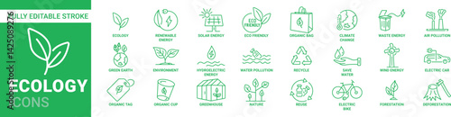 Ecology editable icon set. Renewable energy, nature, green symbol.