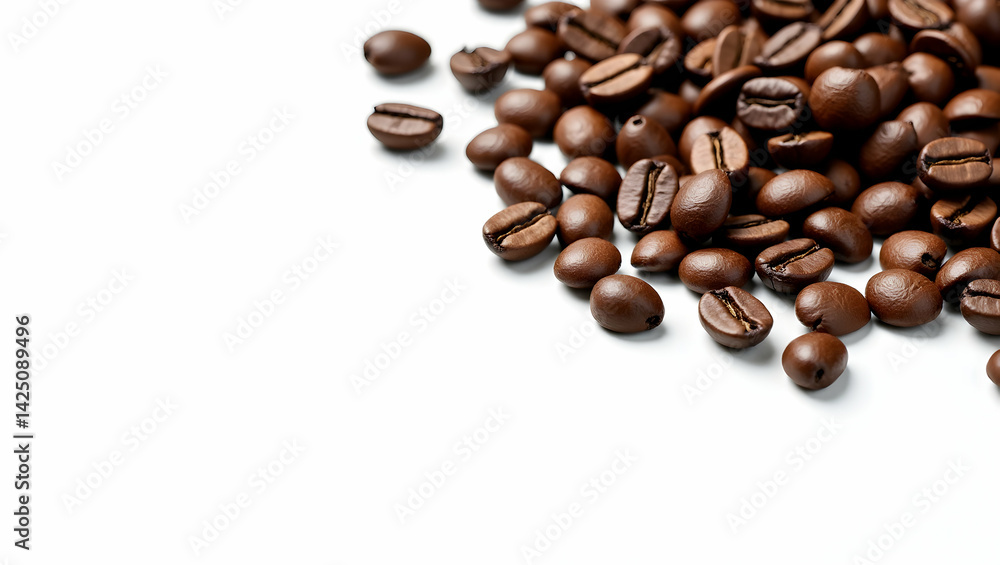 Naklejka premium Elegant close-up of roasted coffee beans scattered on a pristine white surface, perfect for showcasing product or creating a minimalist coffee-themed aesthetic