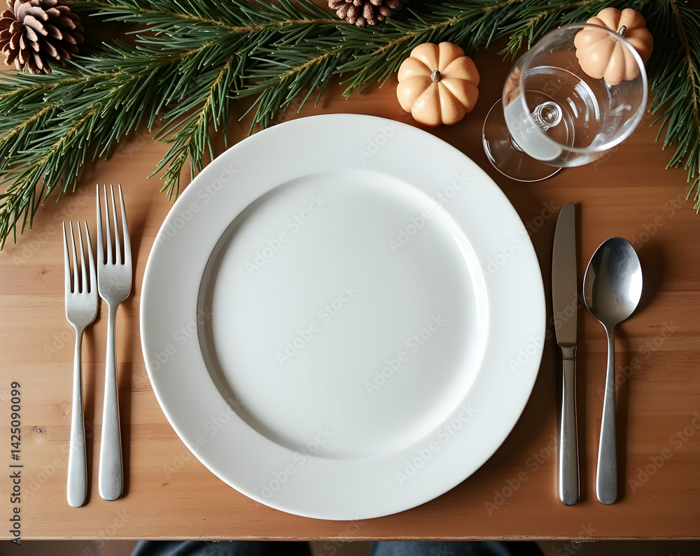 Elegant festive holiday table setting featuring a pristine empty plate area for two, accentuated by seasonal decorations and polished silverware, creating an inviting dining atmosphere Elegant festive holiday table setting featuring a pristine empty plate area for two, accentuated by seasonal decorations and polished silverware, creating an inviting dining atmosphere