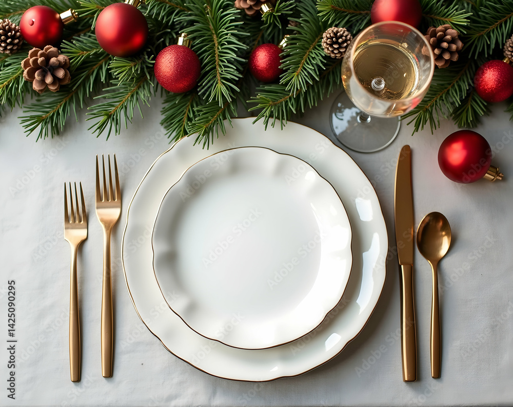 Elegant Festive Holiday Table Setting with Empty Plate Area, Ornament Decoration, Ready for a Delicious Meal and Joyful Celebration for three people Elegant Festive Holiday Table Setting with Empty Plate Area, Ornament Decoration, Ready for a Delicious Meal and Joyful Celebration for three people