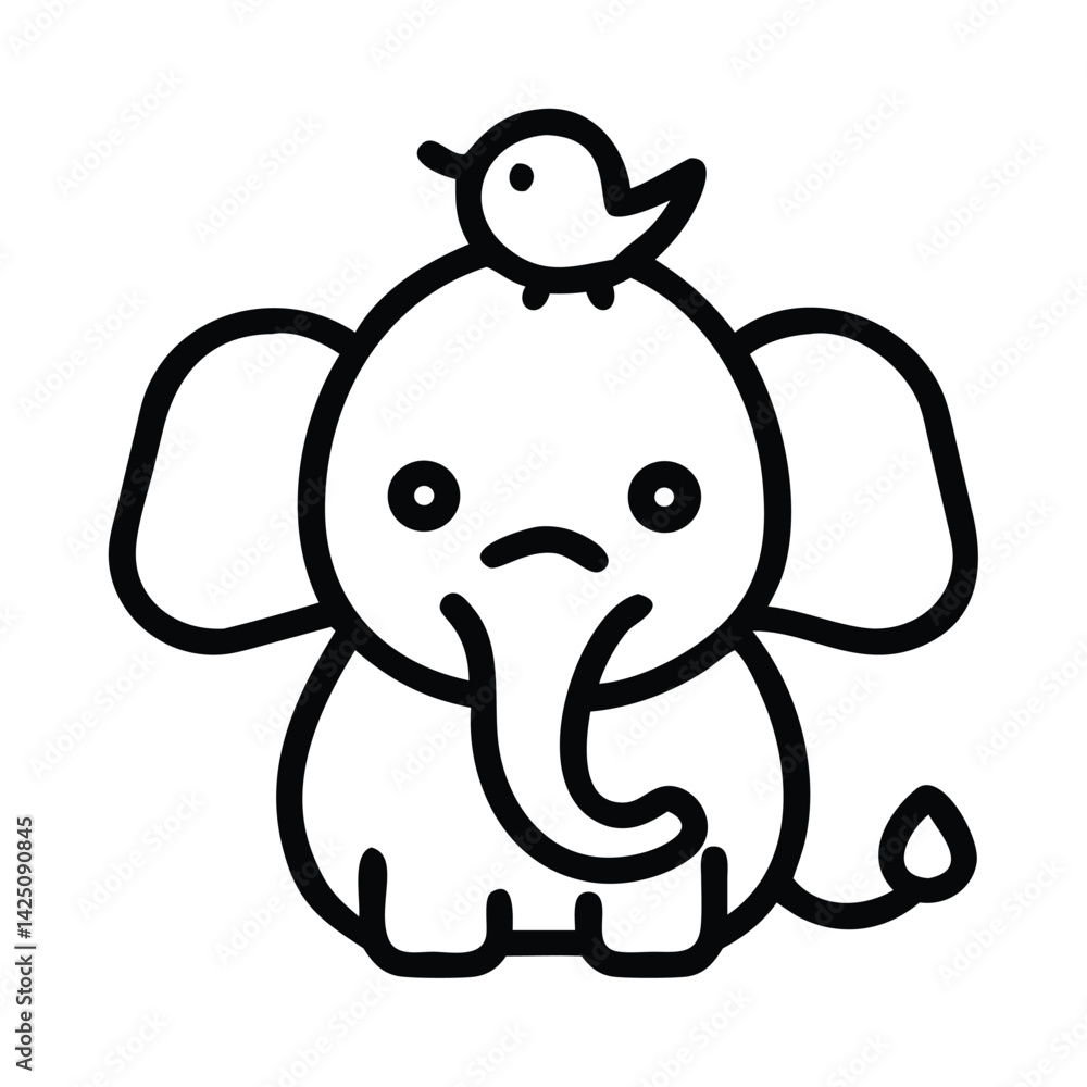 Fototapeta premium Sad Baby Elephant with Bird - Jungle Animal Cartoon