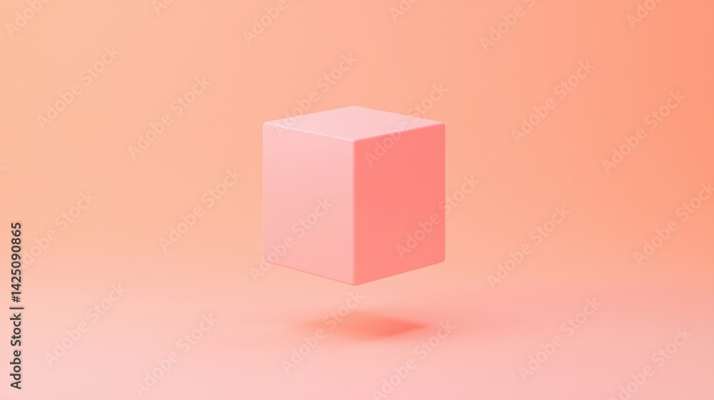 Obraz premium A minimalistic pink cube appears to float against a soft, gradient background, creating a modern and serene aesthetic.