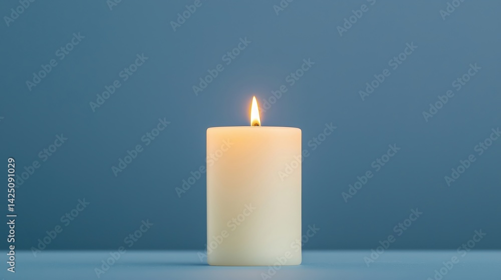 A white candle with a gentle flame stands against a soft blue background, creating a serene and calming atmosphere. A white candle with a gentle flame stands against a soft blue background, creating a serene and calming atmosphere.