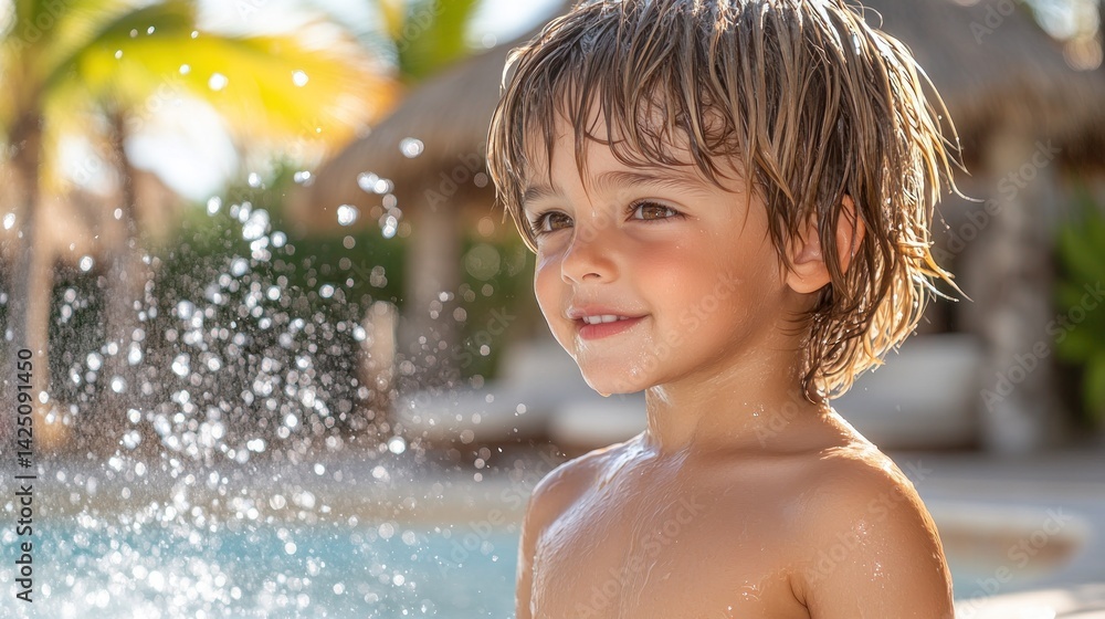 Splashing Joy A wethaired boys sunkissed smile poolside Splashing Joy A wethaired boys sunkissed smile poolside