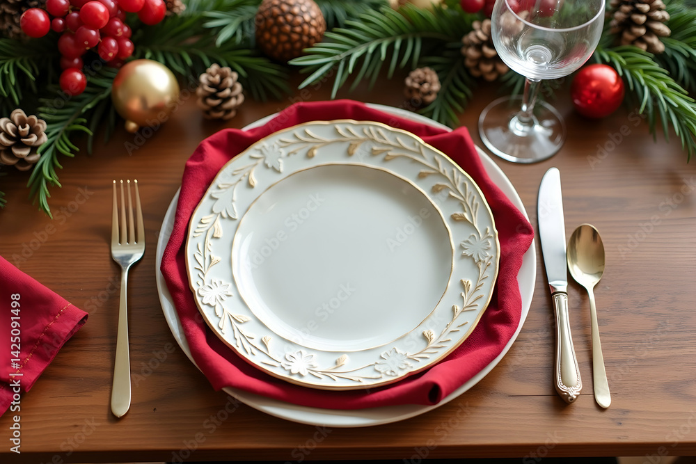 Elegant Holiday Table Setting with Festive Decorations and an Empty Plate Ready for a Special Meal and Memorable Gatherings during the Holiday Season Elegant Holiday Table Setting with Festive Decorations and an Empty Plate Ready for a Special Meal and Memorable Gatherings during the Holiday Season