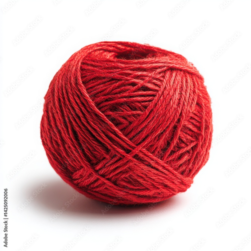 Close up of a ball of red yarn resting on a bright surface area isolated on white background Close up of a ball of red yarn resting on a bright surface area isolated on white background