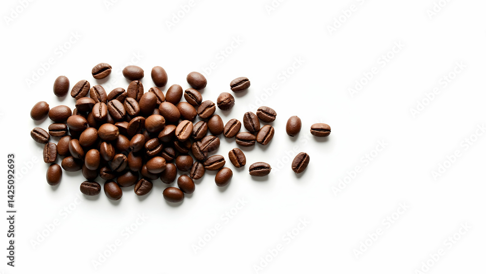 Elegant simplicity of scattered roasted coffee beans on a pristine white surface showcasing freshness and the inviting aroma of a freshly brewed cup of coffee Elegant simplicity of scattered roasted coffee beans on a pristine white surface showcasing freshness and the inviting aroma of a freshly brewed cup of coffee