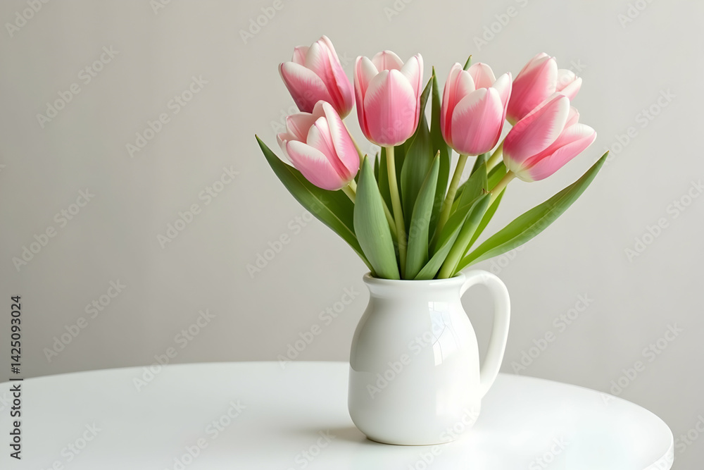 Elegant Still Life Photograph of Fresh Pink Tulips in a White Vase on a Table, Perfect for Springtime Home Decor and Floral Still Life Art Projects Elegant Still Life Photograph of Fresh Pink Tulips in a White Vase on a Table, Perfect for Springtime Home Decor and Floral Still Life Art Projects