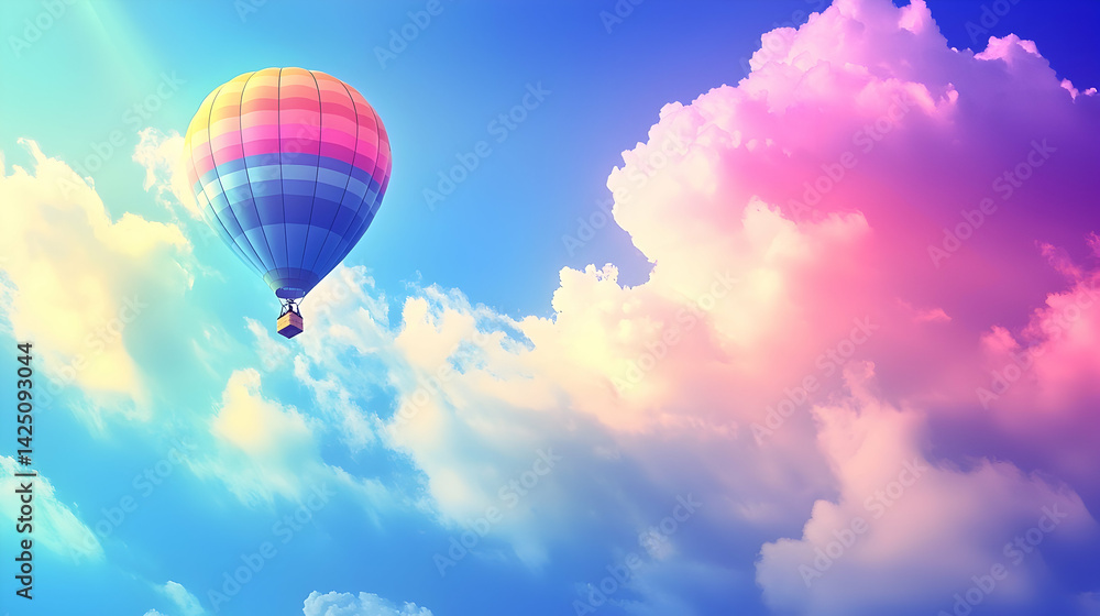 Fototapeta premium Colorful hot air balloon in a vibrant sky with fluffy clouds. Possible use Background for travel, tourism, or inspirational images