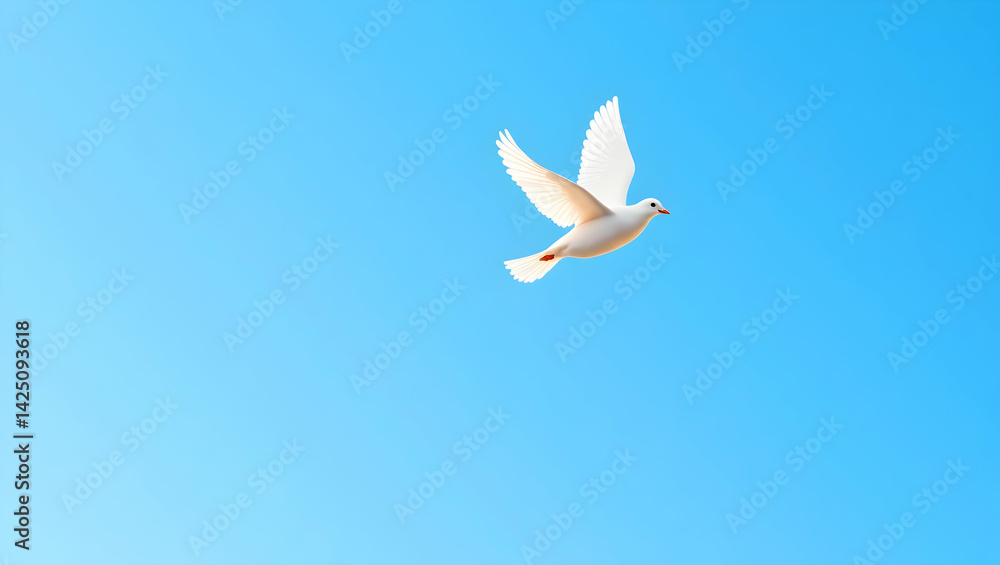 Elegant white dove gracefully soaring against a serene bright blue sky symbolizing peace freedom and hope in a minimalist and uplifting composition