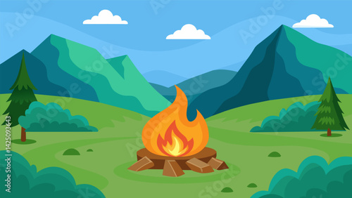 A makeshift campfire in the middle of a lush green valley the crackling of the flames and the smell of burning wood creating a soothing ambiance..