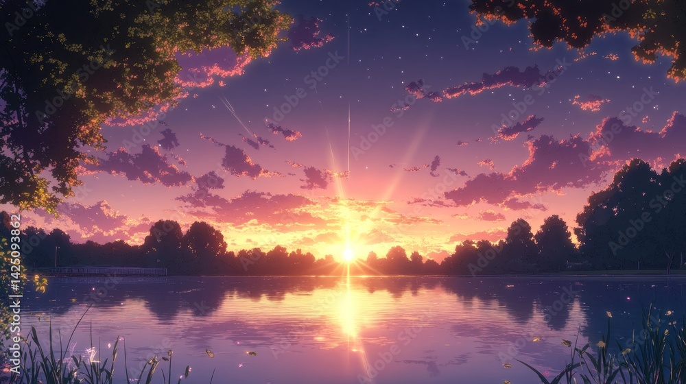 Naklejka premium Serene sunset over a tranquil lake framed by lush trees.