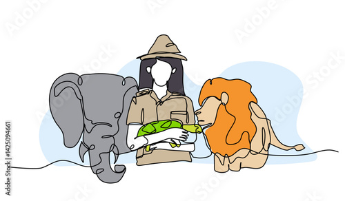Vector illustration of wildlife protector with animal. Modern flat in continuous line style.