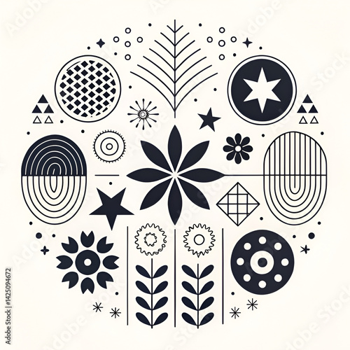 Scandinavian Folk Art Circle – Black and White Geometric Floral Vector with Nordic Botanical Motifs


