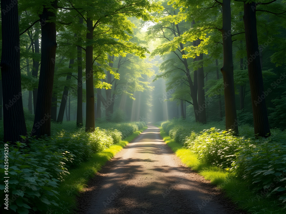 Obraz premium Enchanting forest path bathed in sunlight, a serene trail through towering trees, nature's embrace offers tranquility and escape in this idyllic woodland scene