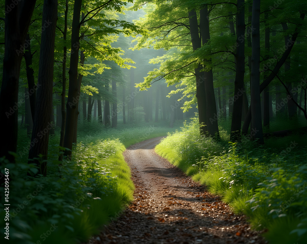 Obraz premium Enchanting Forest Path, A Serene Journey Through Sunlight and Shadow, Offering a Tranquil Escape Into Nature's Embrace, With a Hint of Mystery and Calm