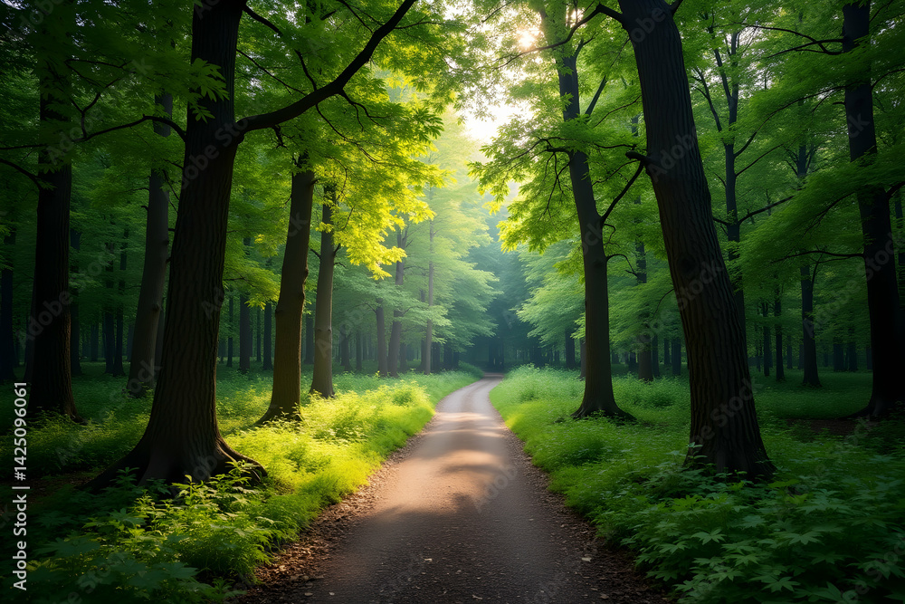 Obraz premium Enchanting Forest Pathway, A Tranquil Journey Through Verdant Greenery with Sun-Dappled Light Filtering Through the Canopy Creating a Calming Atmosphere