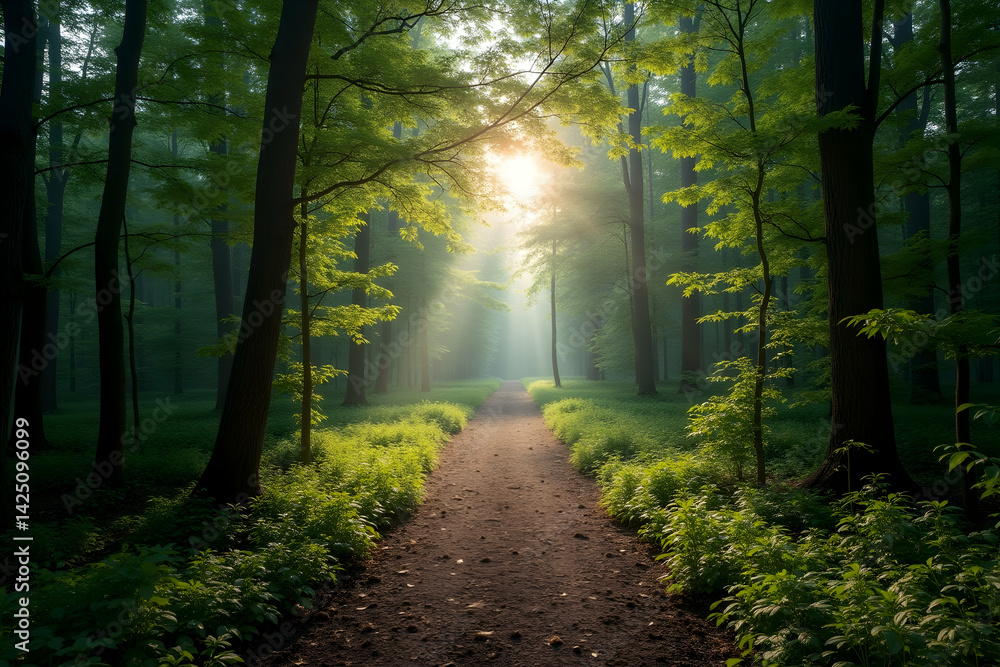 Obraz premium Enchanting Forest Pathway, A Tranquil Journey Through Emerald Green Woods Bathed in Sunlight, Showcasing Nature's Beauty and a Sense of Peaceful Escape