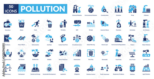 Pollution fill icon collection set. Includes smog, waste, carbon, environment, trash, fumes, industrial, contamination, emissions, toxins, landfill, air, global, deforestation, hazard
