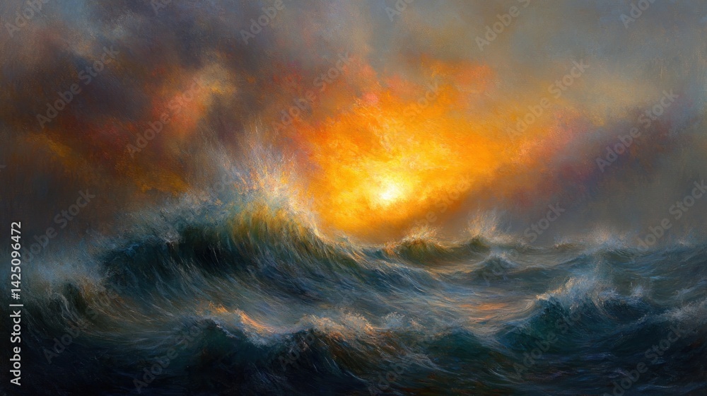 Fototapeta premium Dramatic ocean sunset amidst turbulent storm clouds.