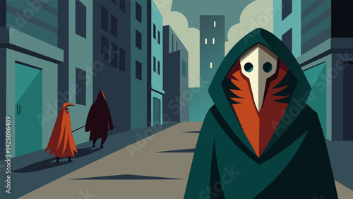 A mysterious figure in a cloak its face hidden by a grotesque mask wanders the streets preying on the fear of unsuspecting passersby..