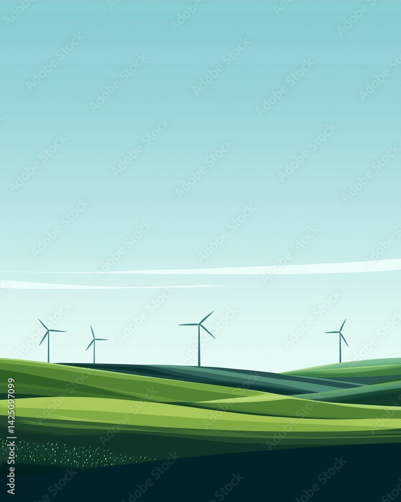 Wind Turbine Landscape: A serene landscape showcasing a vibrant green field dotted with wind turbines gracefully turning under a clear blue sky. Wind Turbine Landscape: A serene landscape showcasing a vibrant green field dotted with wind turbines gracefully turning under a clear blue sky.