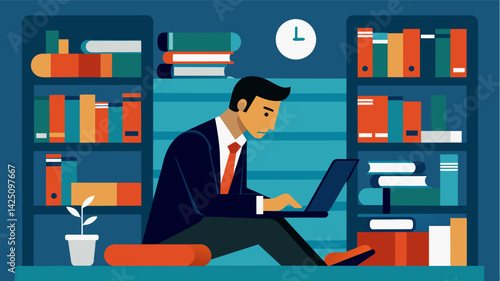 A businessman taking a break from the chaos of the outside world browsing the shelves of the local library..