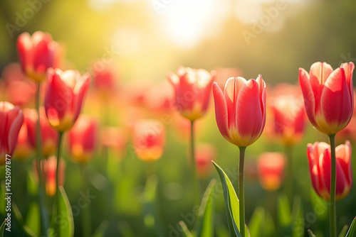 Enchanting Tulip Meadow, A Captivating Vista of Vibrant Red and Yellow Tulips Bathed in the Golden Light of Springtime, Displaying Nature's Beauty
