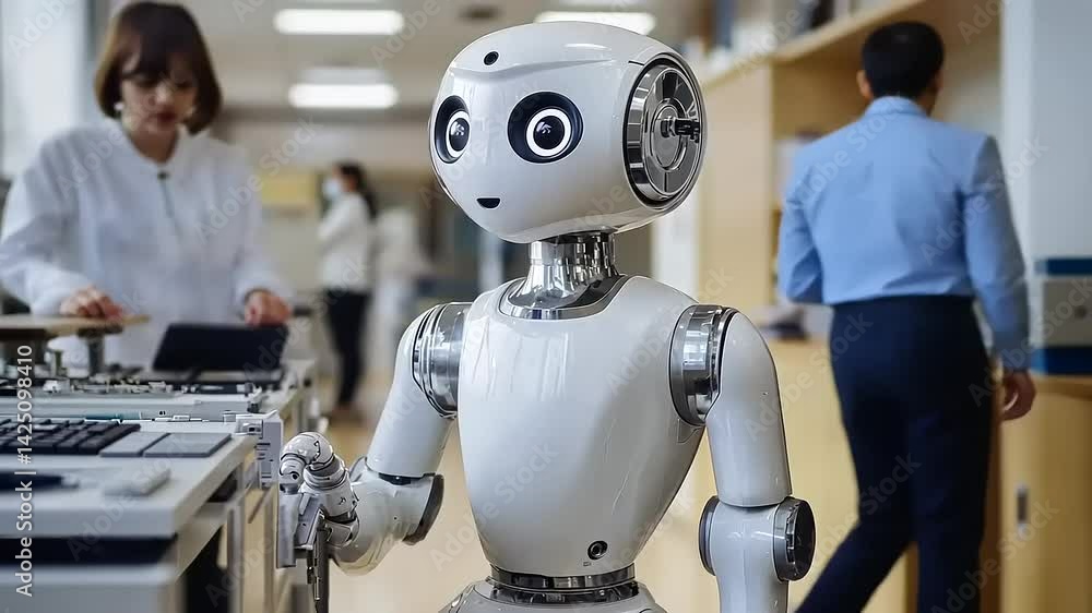 Humanoid Robot in a Modern Laboratory Setting with Researchers Working on AI Systems Humanoid Robot in a Modern Laboratory Setting with Researchers Working on AI Systems