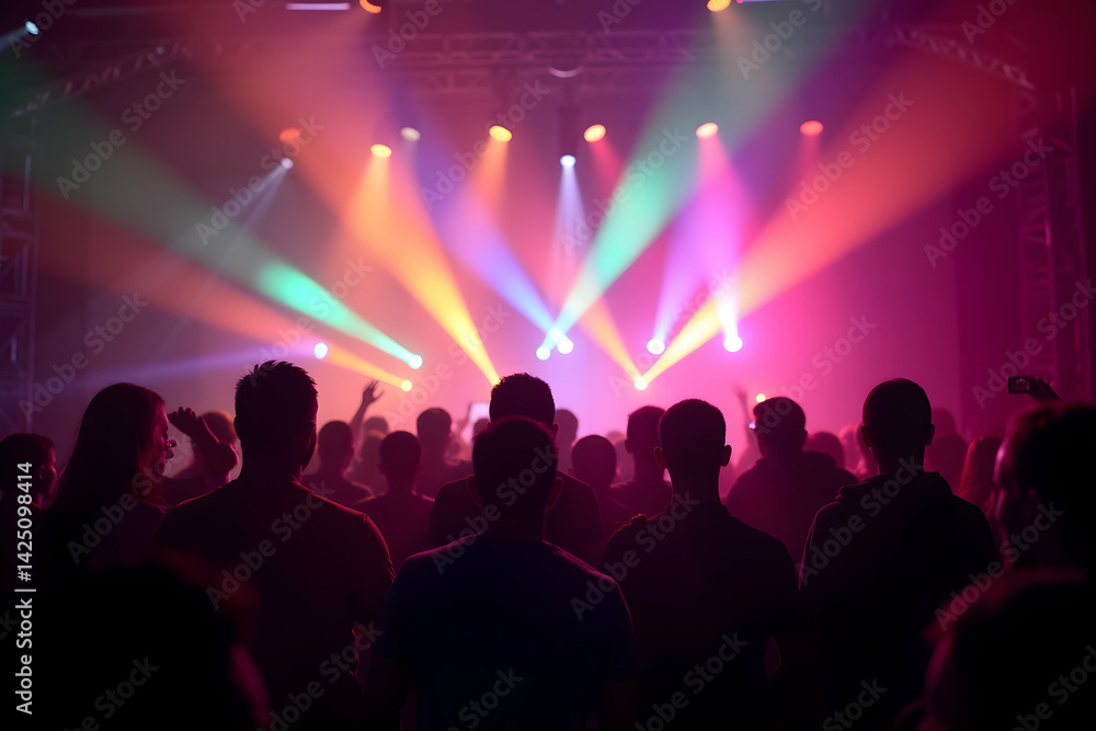 Energetic Crowd Silhouette Enjoys a Live Music Concert with Vibrant Lighting, Capturing the Excitement and Shared Experience of a Night Out