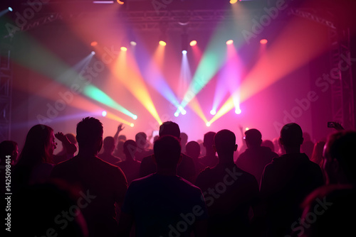 Obraz na płótnie Energetic Crowd Silhouette Enjoys a Live Music Concert with Vibrant Lighting, Capturing the Excitement and Shared Experience of a Night Out w salonie