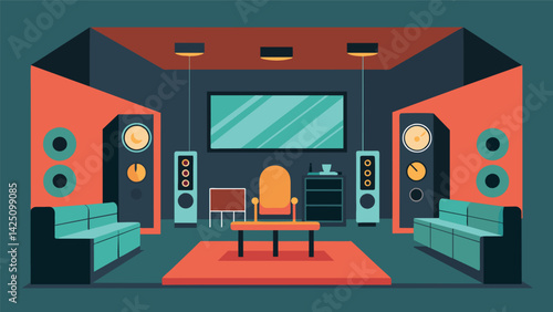A dedicated listening room with soundproofed walls where every detail of the room has been carefully planned to optimize the audiophile experience. Vector illustration